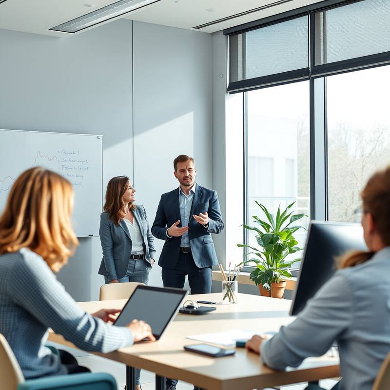 Een trainer geeft een interviewer training aan een groep HR-professionals in een trainingsruimte.